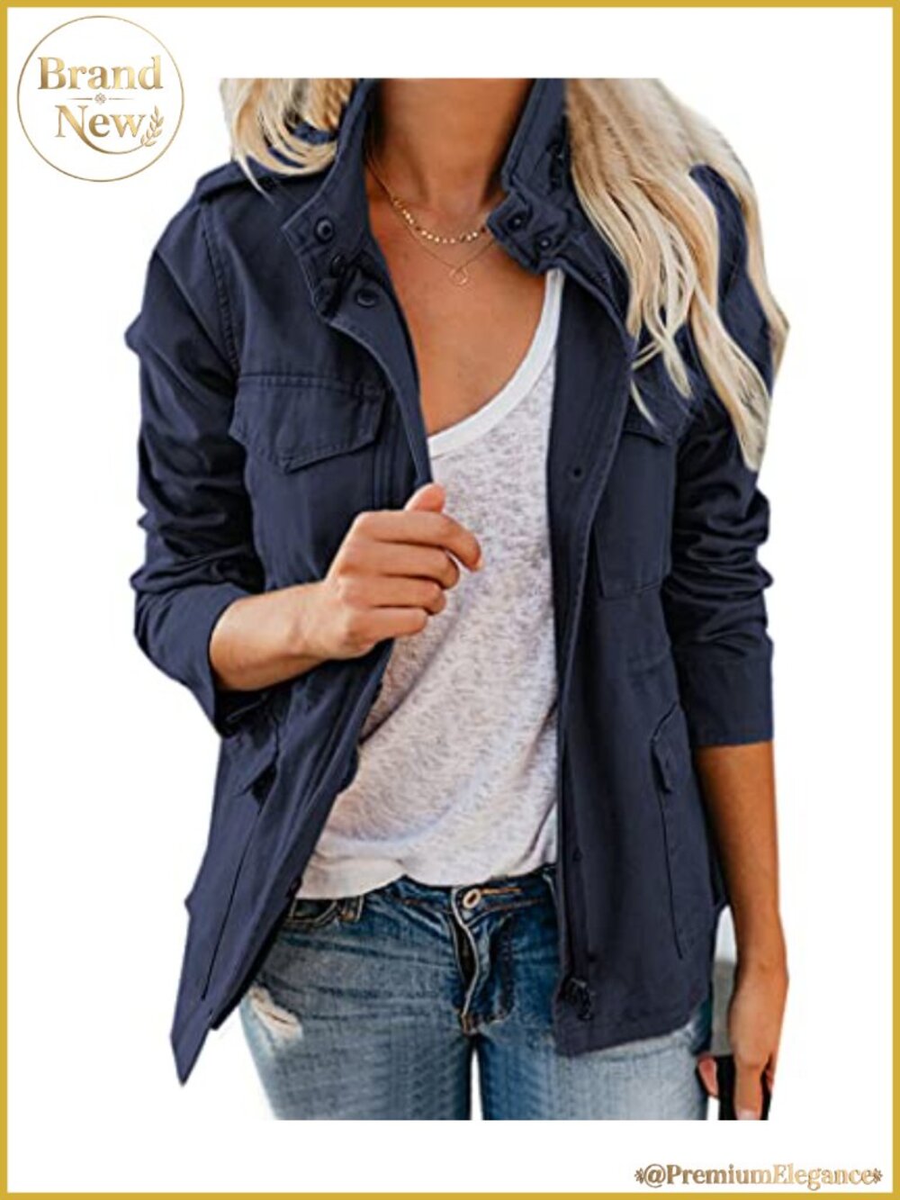 Women's Military Utility Safari Jacket Cotton Stand Collar Zip Up